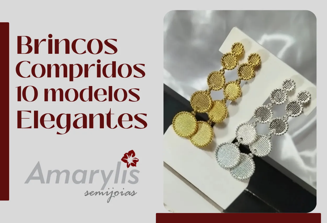 Modelos de brincos compridos folheados da Amarylis em destaque